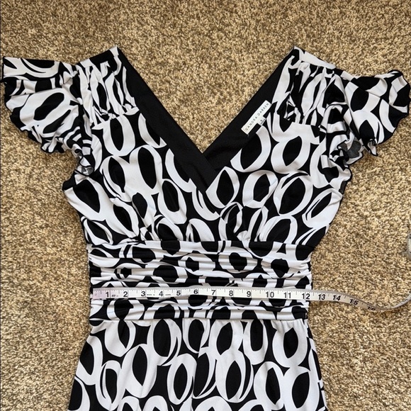 Sandra Darren Black and White, Wrap Over Bodice, Ruched Waist, Midi Dress - Picture 12 of 16